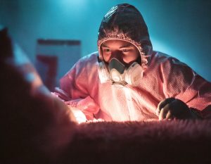 Firefly A professional crime scene cleanup team in full protective gear PPE using advanced cleanin 12
