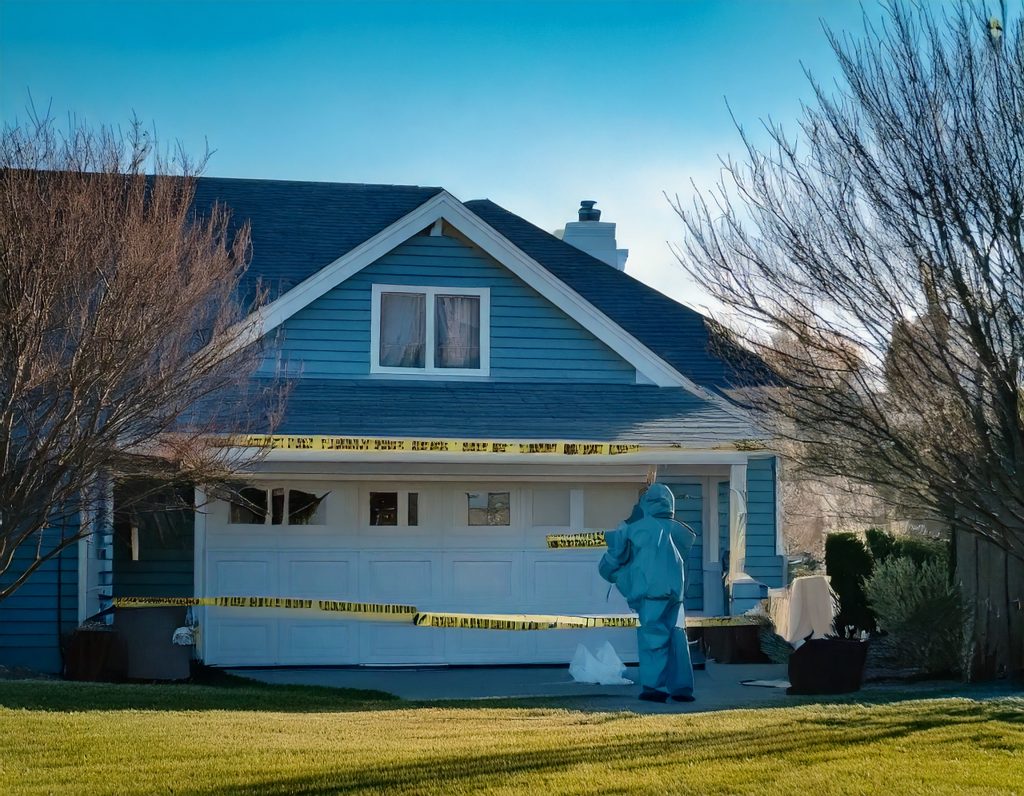 Firefly A respectfully stylized scene of a residential home with yellow crime scene tape across the 2