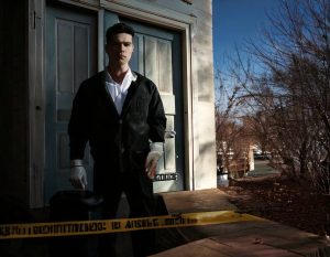 Firefly A respectfully stylized scene of a residential home with yellow crime scene tape across the 3