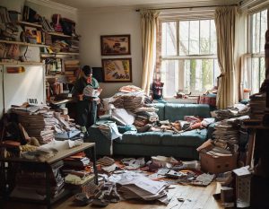 Firefly Cluttered interior of a small home filled with stacks of newspapers piles of clothing and