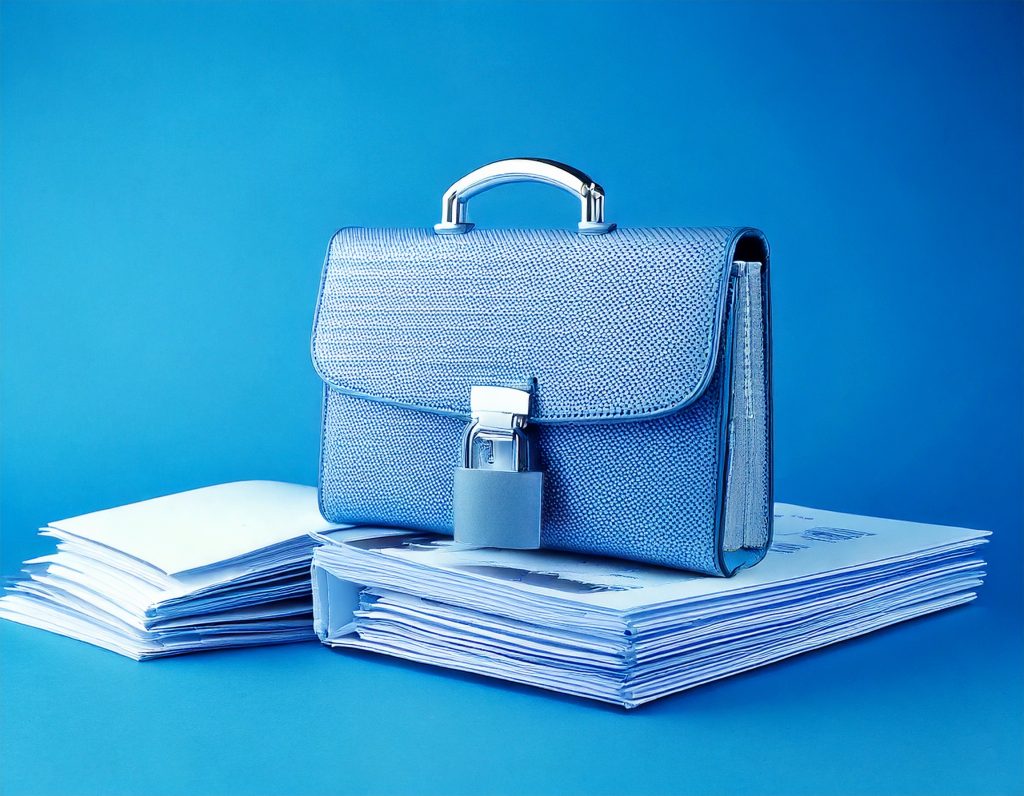 Firefly business folder on desk with paper work at office closeup with an open lock on top of folde
