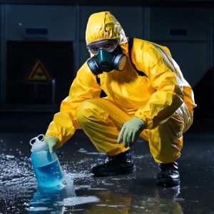 Firefly photo realistic style man cleaning up blood spill in a biohazard suit 49693