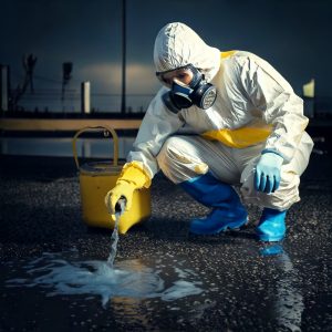 Firefly photo realistic style man cleaning up blood spill in a biohazard suit 58455